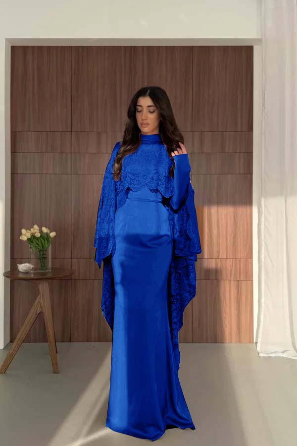Satin And Lace High Neck Long Sleeves High-Waisted Long Mermaid Prom Dress With Cape