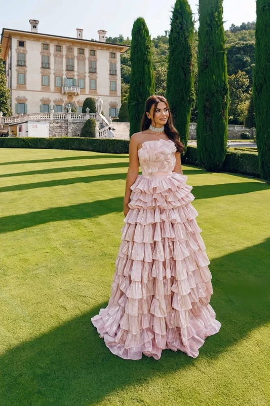 Chiffon Asymmetric Strapless Sleeveless Long A-Line Prom Dress With Pleated And Ruffles