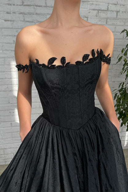 Broner Black Off the Shoulder Sleeveless A Line Evening Dress With Side Split