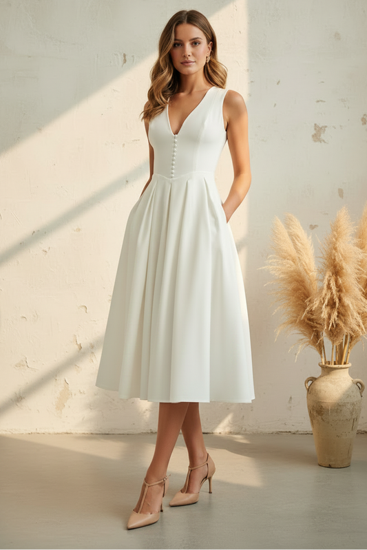 V-Neck Sleeveless A-Line Tea-Length Evening Dress