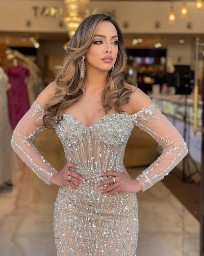 Heavy Prom Dress Sweetheart Long Sleeves Strapless Beading Long Tulle