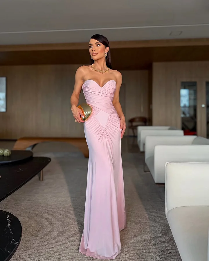 Charming Pink Sweetheart Pleated Sleeveless Long Prom Dress