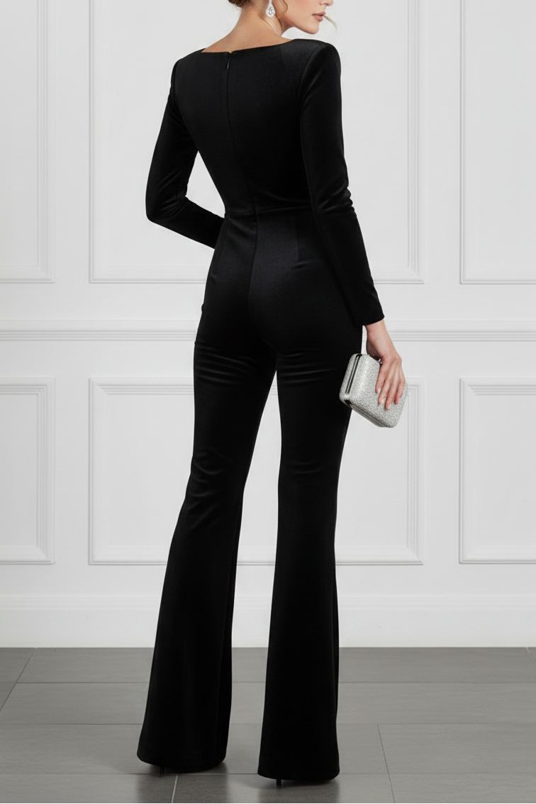 Black Square Neck Long Sleeve Jumpsuit/Pantsuit Evening Dress