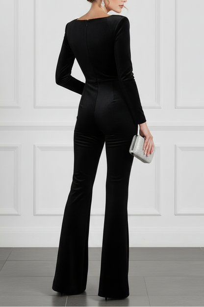 Black Square Neck Long Sleeve Jumpsuit/Pantsuit Evening Dress