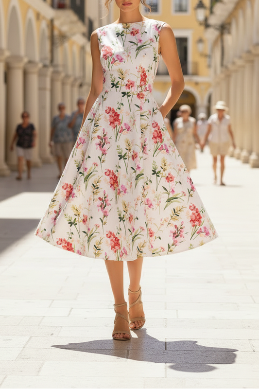 Flowers Floral Print Sleeveless A-Line Tea-Length Evening Dress