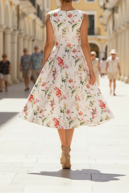 Flowers Floral Print Sleeveless A-Line Tea-Length Evening Dress