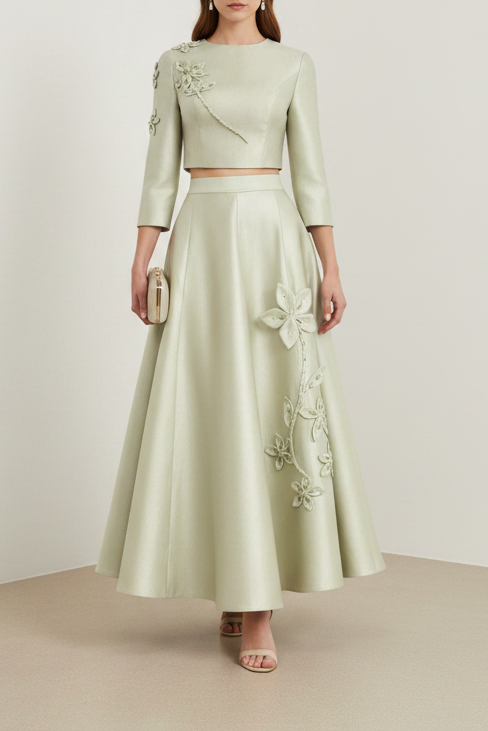 2 Piece Long Sleeve Applique A-Line Ankle-Length Evening Dress