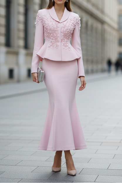 Pink V-Neck Applique Long Sleeve Mermaid Ankle-Length Evening Dress