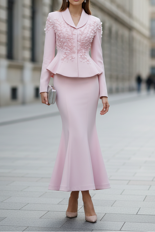 Pink V-Neck Applique Long Sleeve Mermaid Ankle-Length Evening Dress