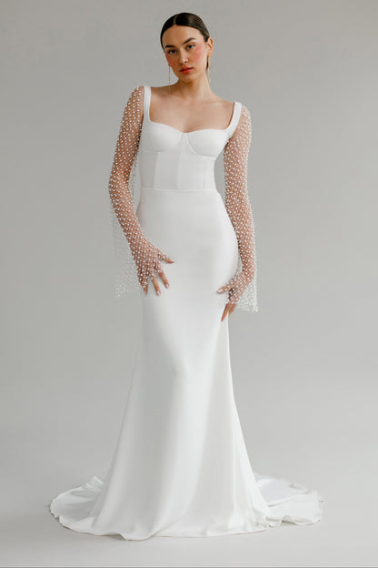 Lace Beaded Long Sleeve Backless Mermaid Wedding Dress