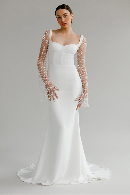 Lace Beaded Long Sleeve Backless Mermaid Wedding Dress