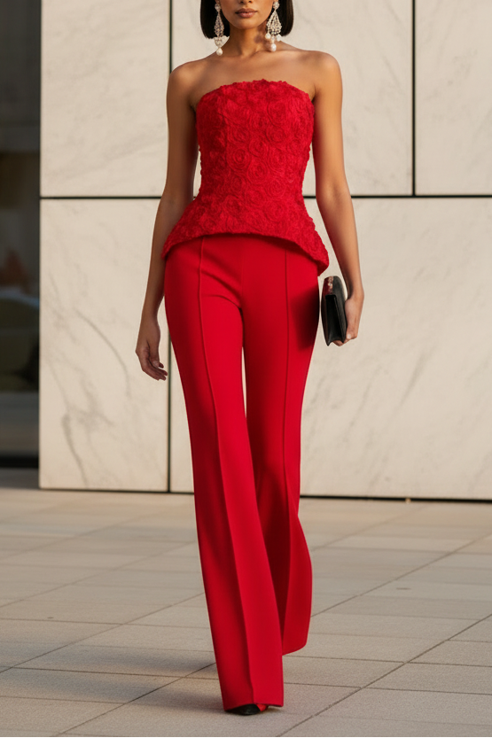 Strapless Lace Flowers Sleeveless Jumpsuit/Pantsuit Evening Dress