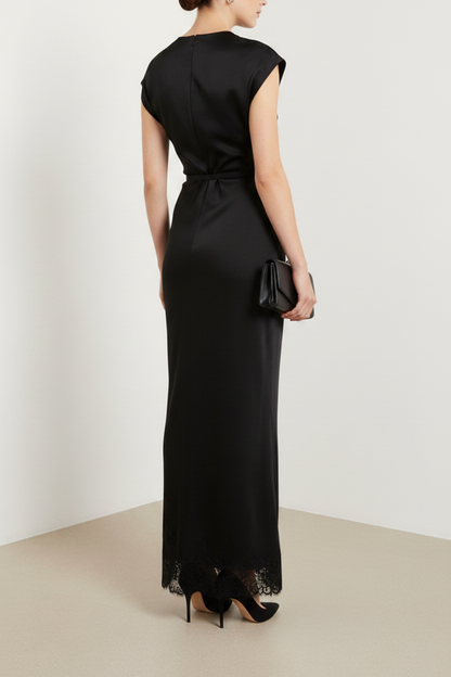 Black Sleeveless Belt Lace Mermaid Ankle-Length Evening Dress