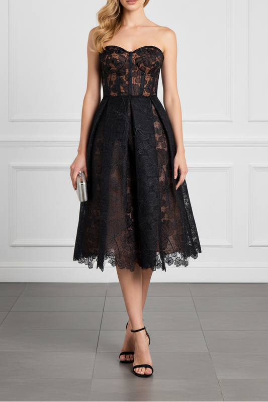 Sweetheart Sleeveless Lace A-Line Tea-Length Evening Dress