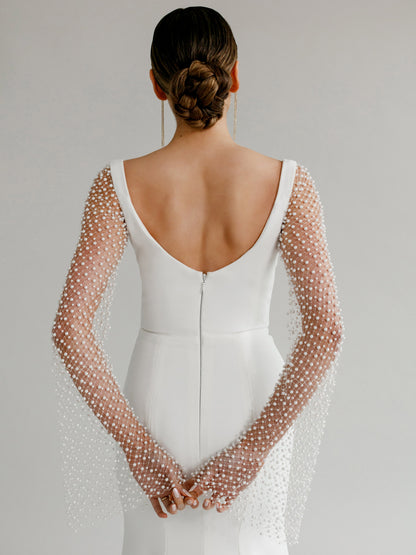 Lace Beaded Long Sleeve Backless Mermaid Wedding Dress