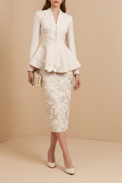 Button V-Neck Long Sleeve Lace Mermaid Tea-Length Evening Dress