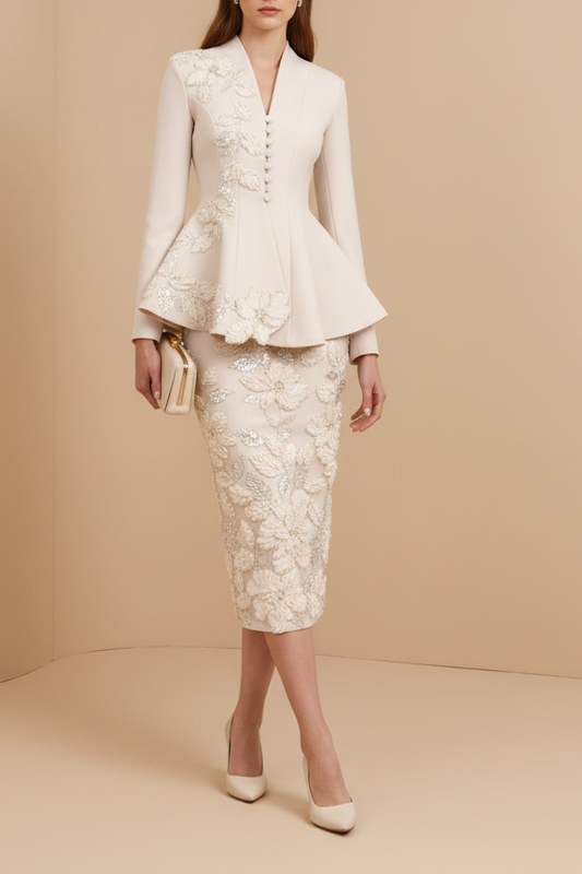 Button V-Neck Long Sleeve Lace Mermaid Tea-Length Evening Dress