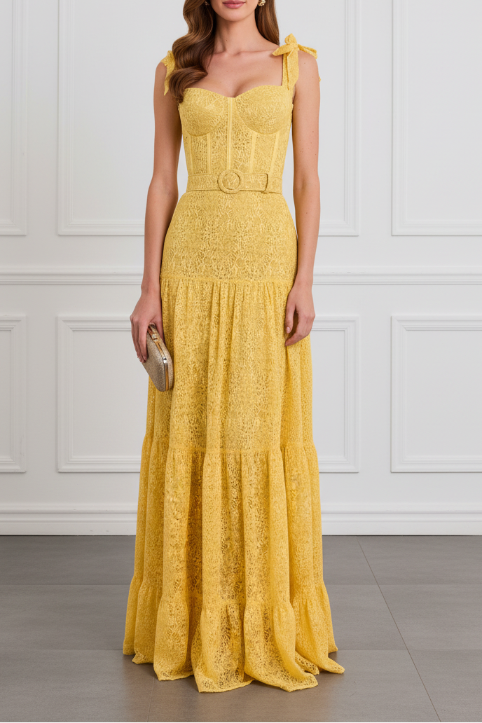 Spaghetti Straps Bow Sleeveless A-Line Floor-Length Evening Dress