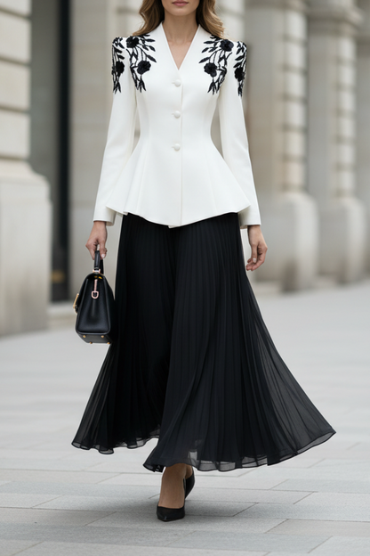 V-Neck Applique Long Sleeve Button A-Line Evening Dress