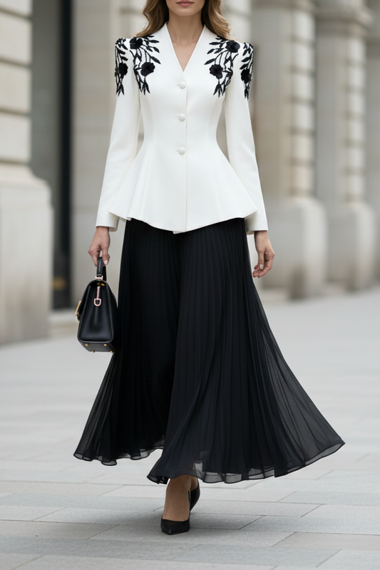 V-Neck Applique Long Sleeve Button A-Line Evening Dress