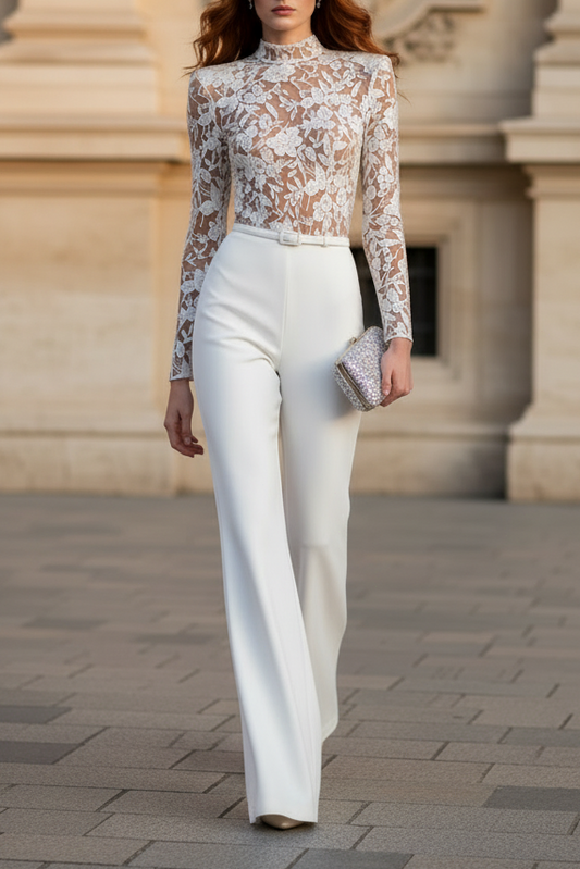 Lace High Neck Long Sleeve Jumpsuit/Pantsuit Evening Dress