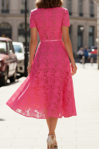 Fuchsia Lace Half Sleeveless A-Line Tea-Length Evening Dress
