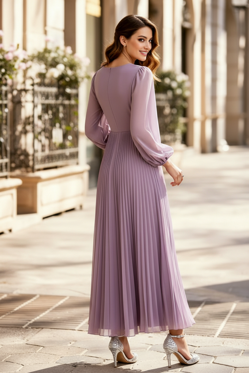 A-Line Scoop Neck Long Sleeves Ankle-Length Chiffon Mother Of The Bride Dresses With Pleated Flower