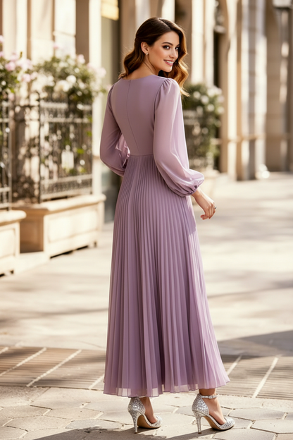 A-Line Scoop Neck Long Sleeves Ankle-Length Chiffon Mother Of The Bride Dresses With Pleated Flower