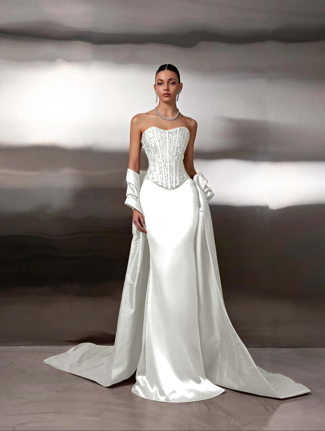 Satin Strapless Sleeveless Long Mermaid Prom Dress With Ruffles And Sequins