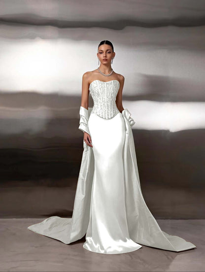 Satin Strapless Sleeveless Long Mermaid Prom Dress With Ruffles And Sequins