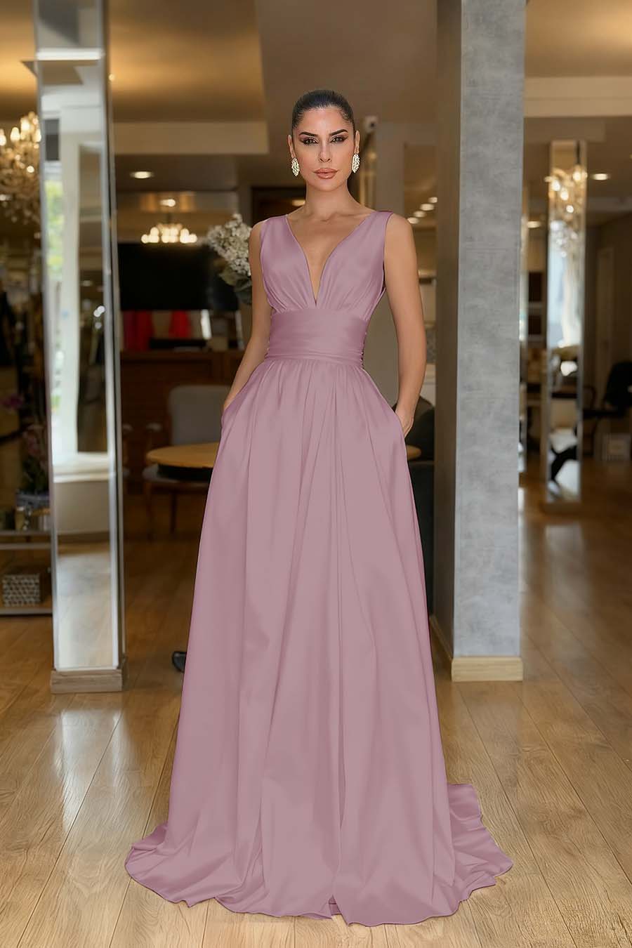 Hidais Straps Sleeveless High Waist Long Prom Dress With Pockets Pleated