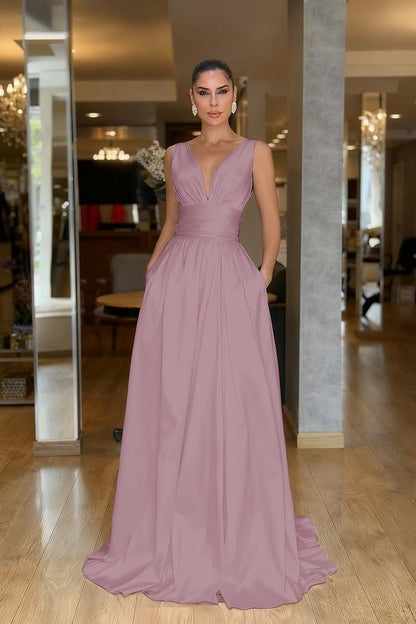 Hidais Straps Sleeveless High Waist Long Prom Dress With Pockets Pleated