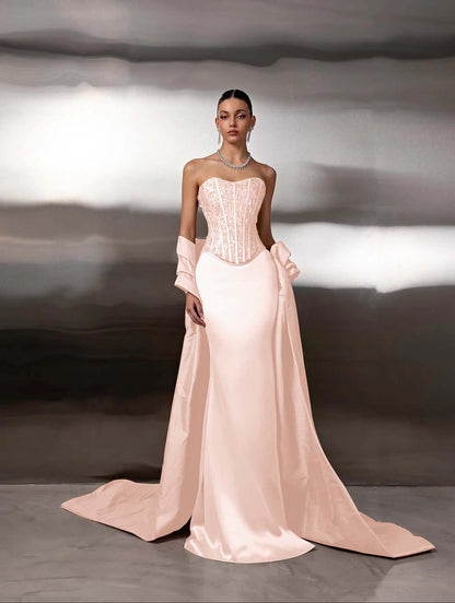 Satin Strapless Sleeveless Long Mermaid Prom Dress With Ruffles And Sequins