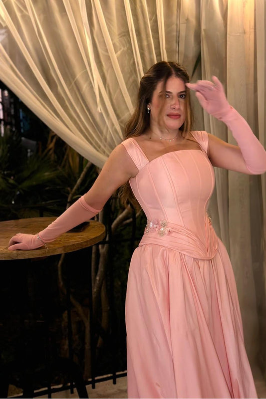 Straps Sleeveless Long Prom Dress With Appliques Long Gloves