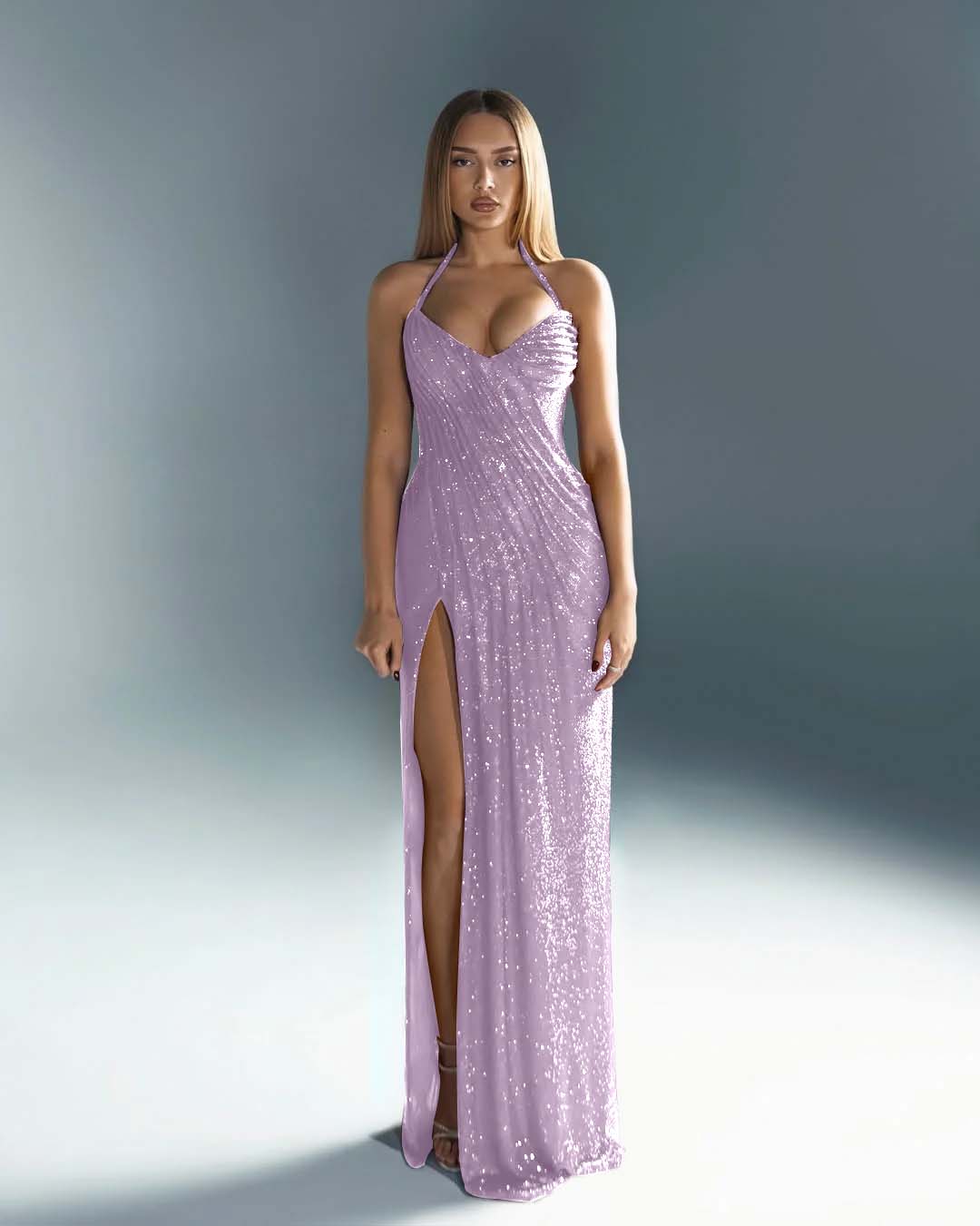 Halter V-Neck Strapless Sleeveless Long Mermaid Prom Dress With Split And Pleated