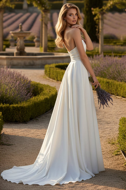 White Strapless Ruched A-Line Side Slit Wedding Dress