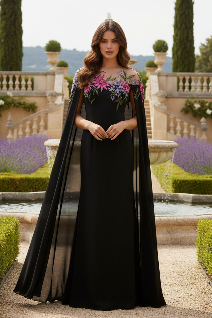 Black Sheer Flowers Cape Sleeveless Mermaid Evening Dress