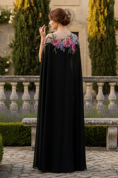 Black Sheer Flowers Cape Sleeveless Mermaid Evening Dress