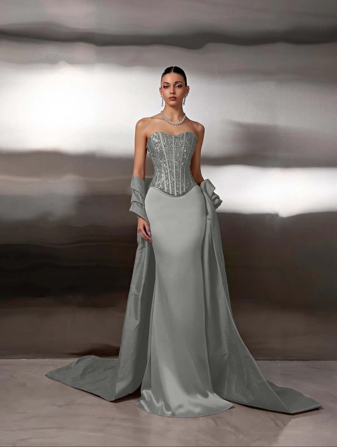Satin Strapless Sleeveless Long Mermaid Prom Dress With Ruffles And Sequins