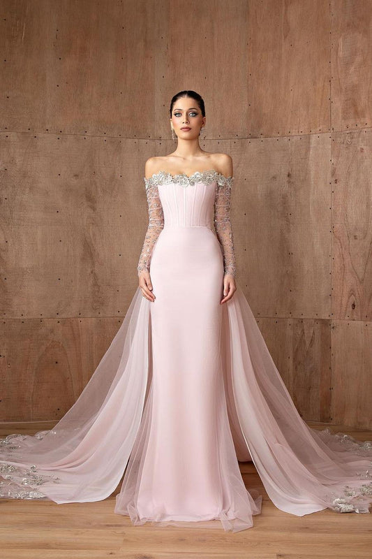 Strapless Long Sleeves Mermaid Long Prom Dress With Appliques
