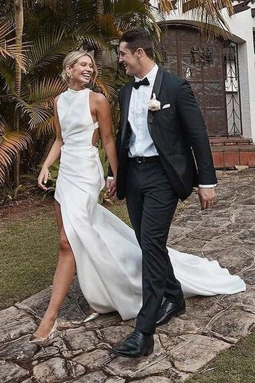 High Neck Ivory Wedding Dresses with Side Slit      fg6929