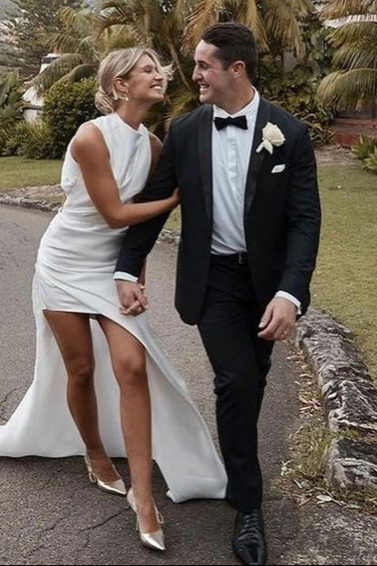 High Neck Ivory Wedding Dresses with Side Slit      fg6929