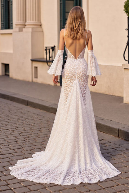 Sweetheart Spaghetti-Straps Mermaid Wedding Dress Lace Appliques Split With Detachable Sleeves