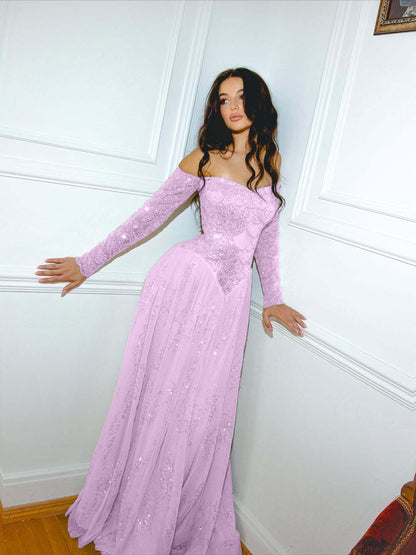 Tulle Off-The-Shoulder Strapless Long Sleeves Long A-Line Prom Dress With Sequins