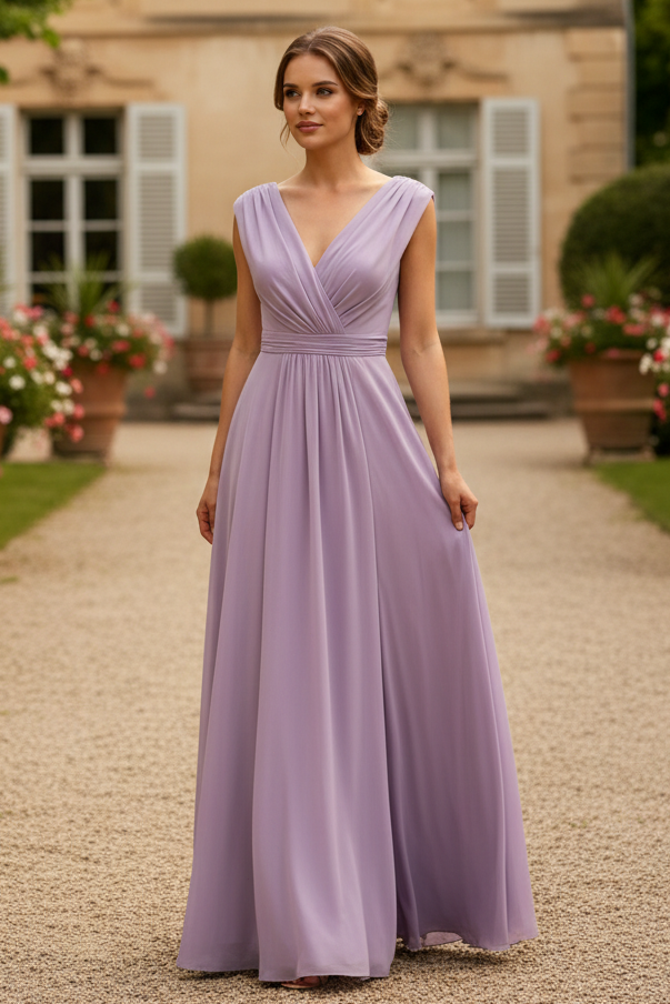 A-Line V-Neck Sleeveless Floor-Length Chiffon Mother Of The Bride Dresses With Split Front Pleated