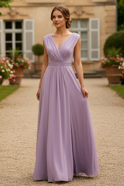 A-Line V-Neck Sleeveless Floor-Length Chiffon Mother Of The Bride Dresses With Split Front Pleated