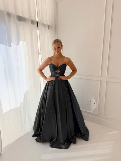 Satin V-Neck Strapless Sleeveless Long A-Line Prom Dress With Pleated And Rhinstone