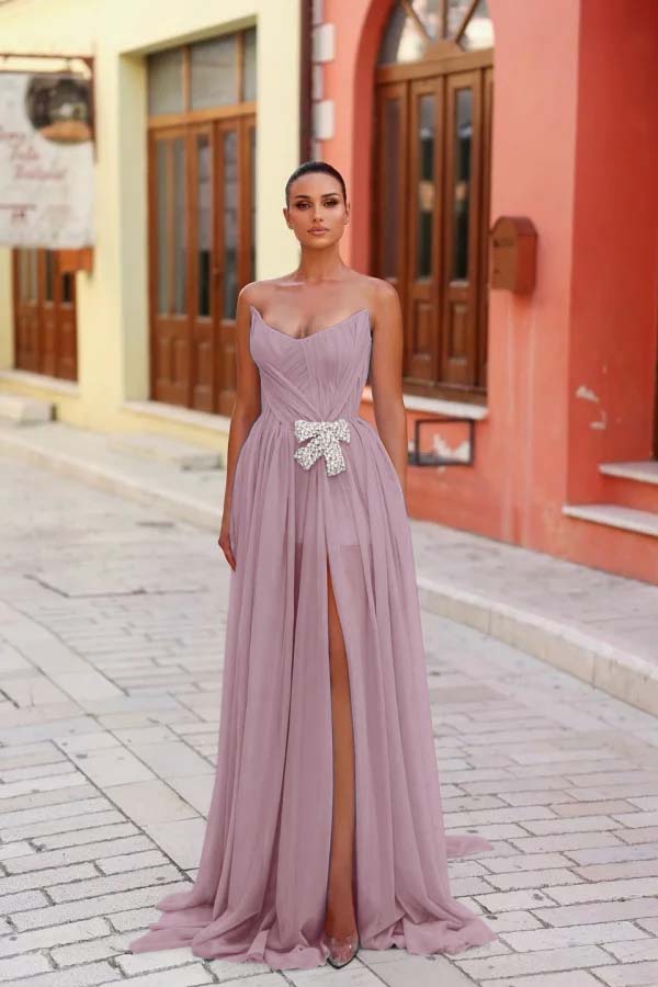 Strapless Sleeveless Long Split Prom Dress With Pleated Beading