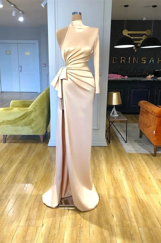 Satin High Neck Long Single Sleeve Long Mermaid Prom Dress With High Split And Pleated
