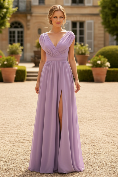 A-Line V-Neck Sleeveless Floor-Length Chiffon Mother Of The Bride Dresses With Split Front Pleated